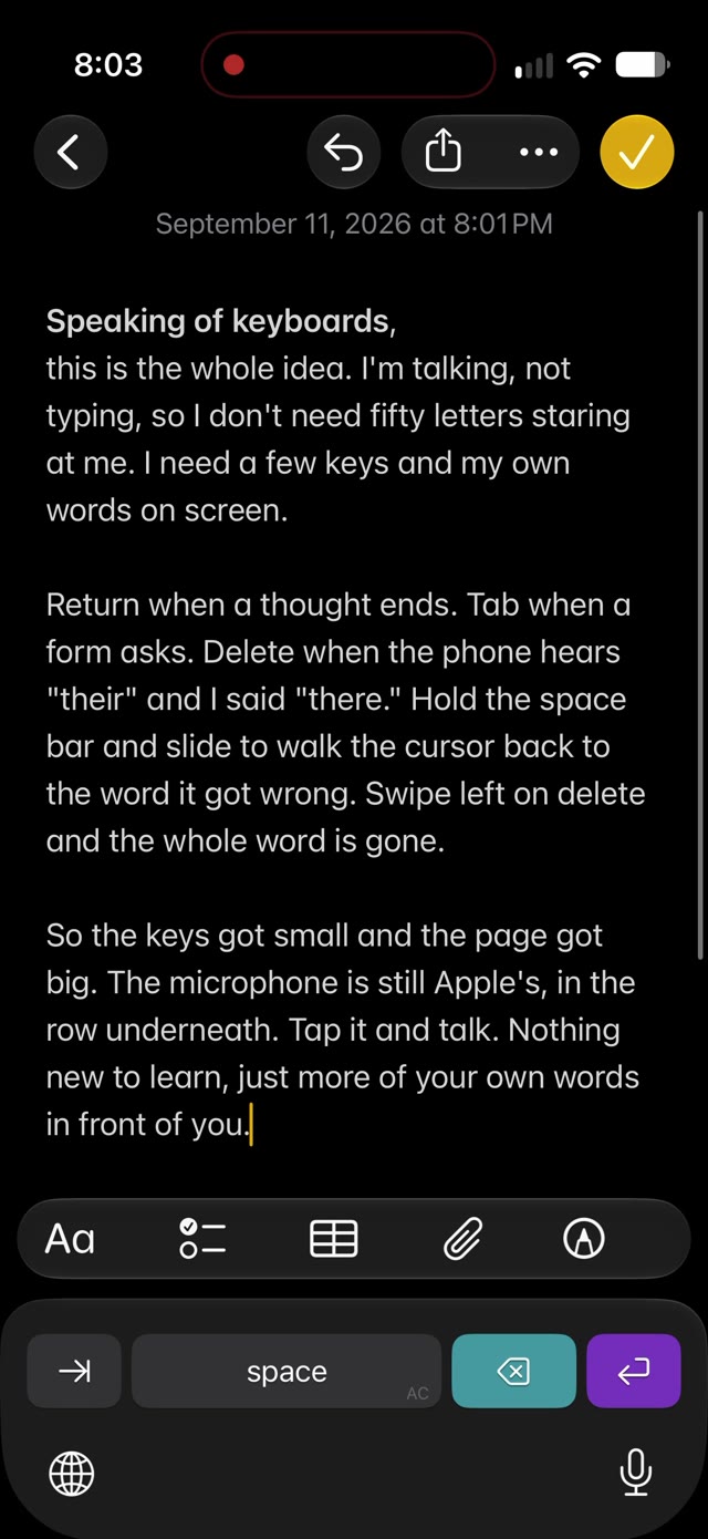 Speaking Of: the same note with four keys and Apple's buttons below. All three paragraphs are on screen.